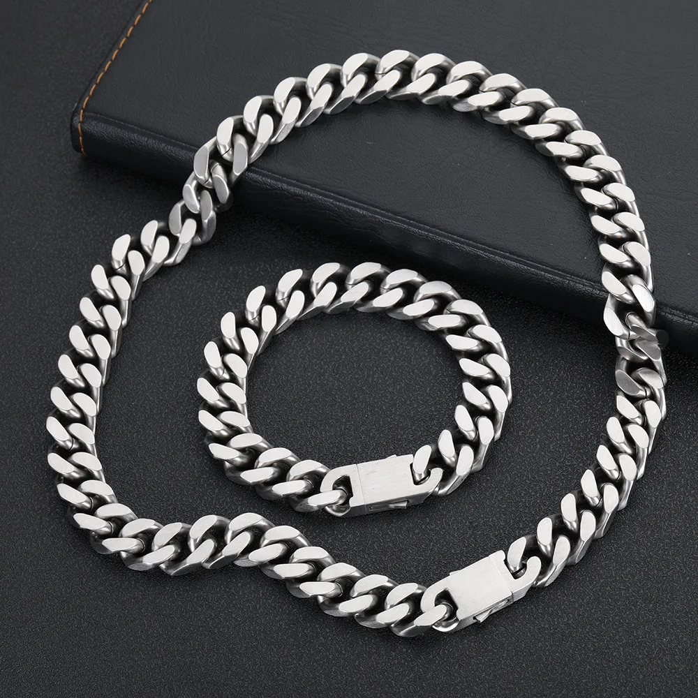 12mm Heavy Matte Brush Men Women Curb Cuban Chain Necklace Vintage Stainless Steel Punk Hiphop Bike Biker Cross Choker Jewelry