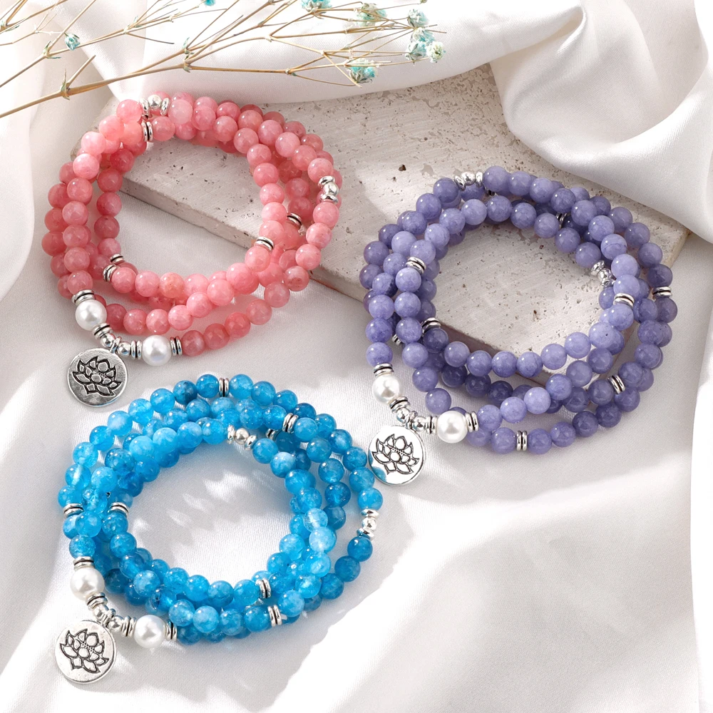 Natural Angelite 108 Beads Long Bracelet Buddha Healing Jades Stone Lotus Charm Bracelet Chalcedony Bangles Jewelry Men Bracelet