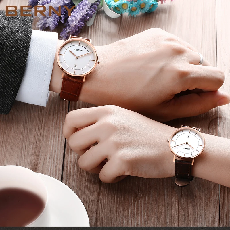 BERNY-reloj de cuarzo para hombre y mujer, cronógrafo de acero inoxidable, resistente al agua, zafiro, fecha, calendario, caja ultrafina, negocios