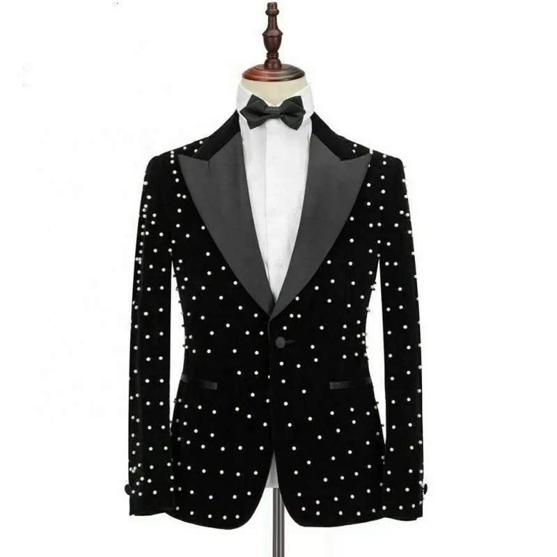 Men's Suits 2 Pieces Velvet Blazer Black Pants Single Breasted Satin Peaked Lapel Pearls Wedding Formal Custom Made Plus Size