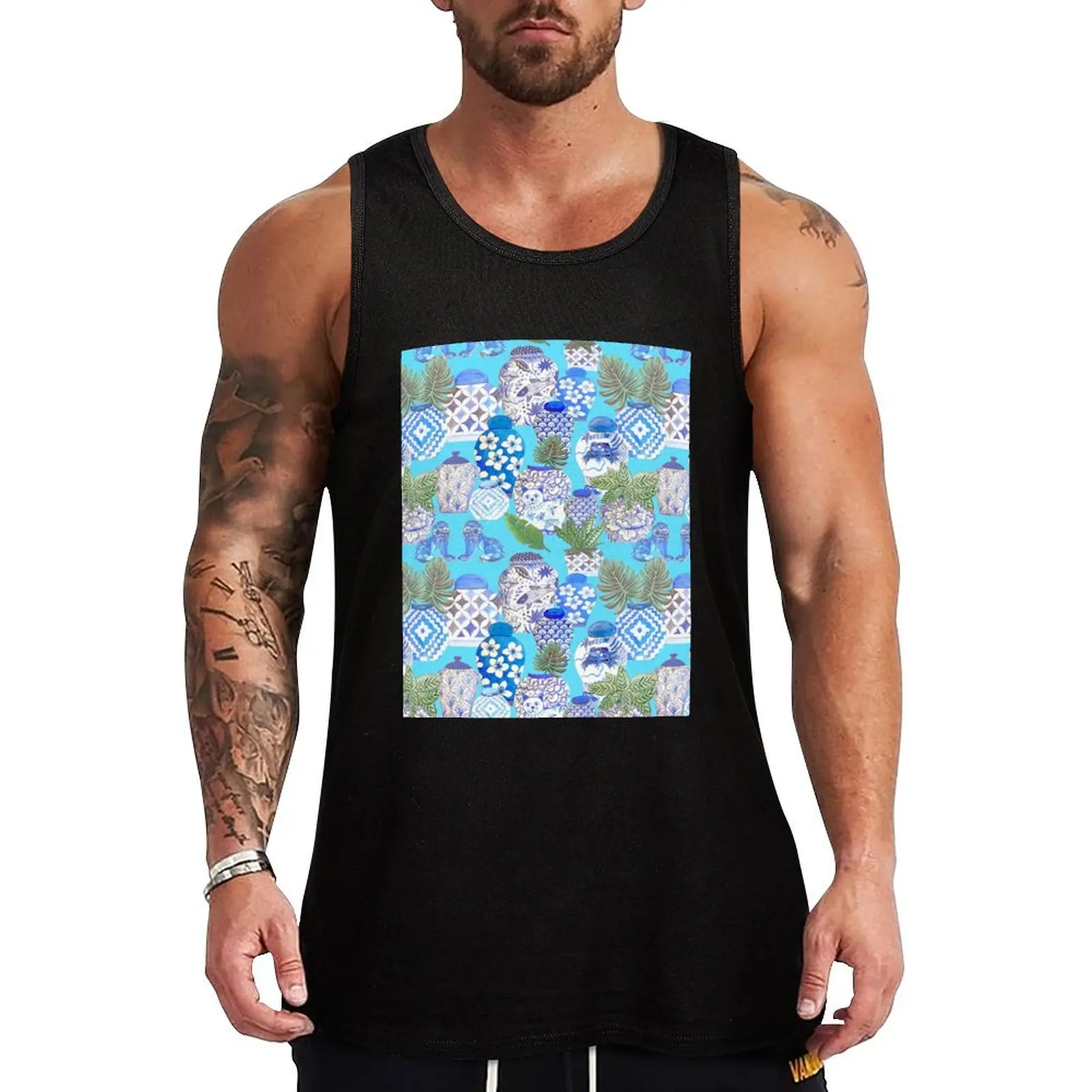 

ginger jars and palms or plants with foo dogs on teal Tank Top Sweat Wicking Tank Top Gym Workout Quick Dry Shirt