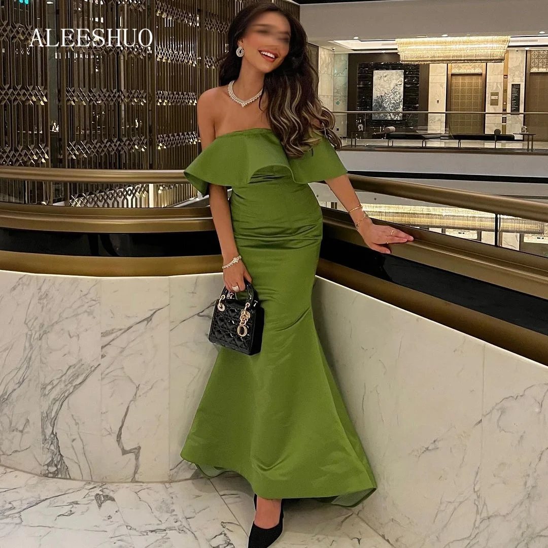 Aleeshuo Saudi Arabia Prom Dresses Off the Shoulder Mermaid Party Dress Short Sleeve Ankle Length Formal Evening Gowns فساتين ال