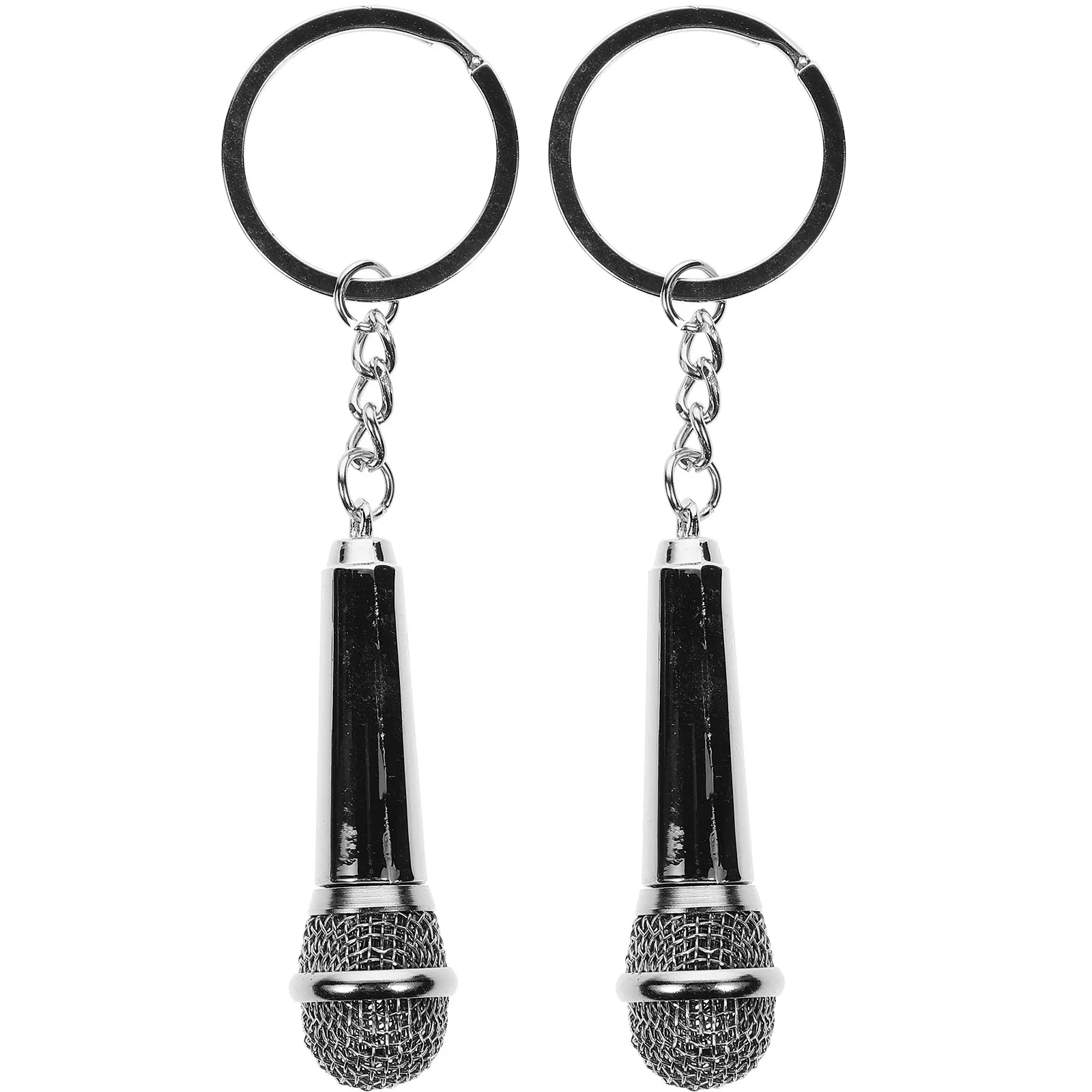 2Pcs Microphone Shaped Metal Keychain Silver Key Ring Creative Gift for Music Lovers Modern Compact Lightweight Key Accessories
