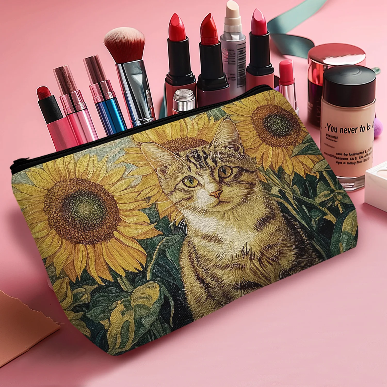 1 Pc Animals Makeup Bag Cat In The Garden Sunflower Cat Drawing Theme Cosmetic Bag Toiletry Bag Birthday Gift Travel B