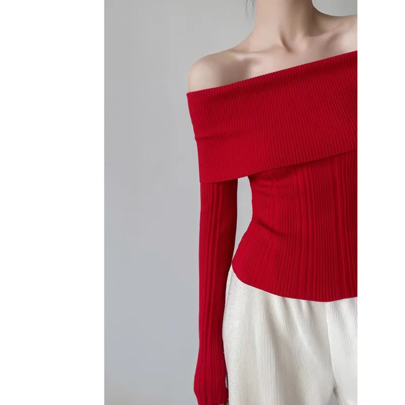 Autunno e inverno nuova spalla a maniche lunghe maglione sexy slim fit da donna elegante maglieria camicetta tinta unita