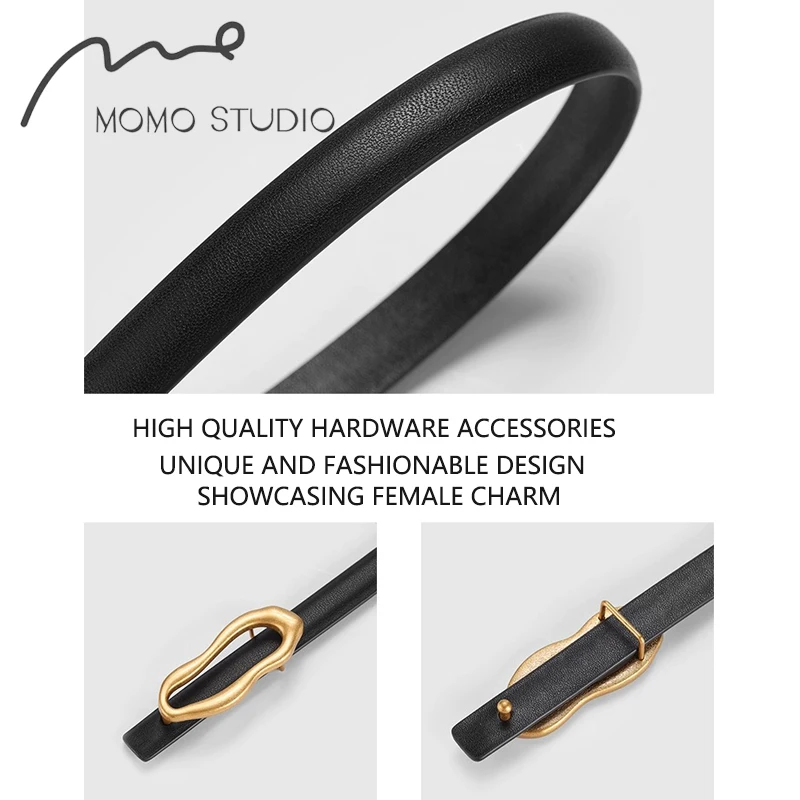 New Dual-Use Trend Belt For Women Retro Gold Buckle Thin Belts Matching Female Dress Jeans Adjustable Genuine Leather Waistband