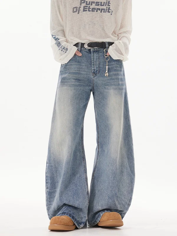 

Мужские джинсы Cleanfit в американском ретро-стиле с эффектом потертости, широкие, с бамбуковым узором, повседневные, свободные, стройнящие, длинные брюки со средней посадкой на пуговицах