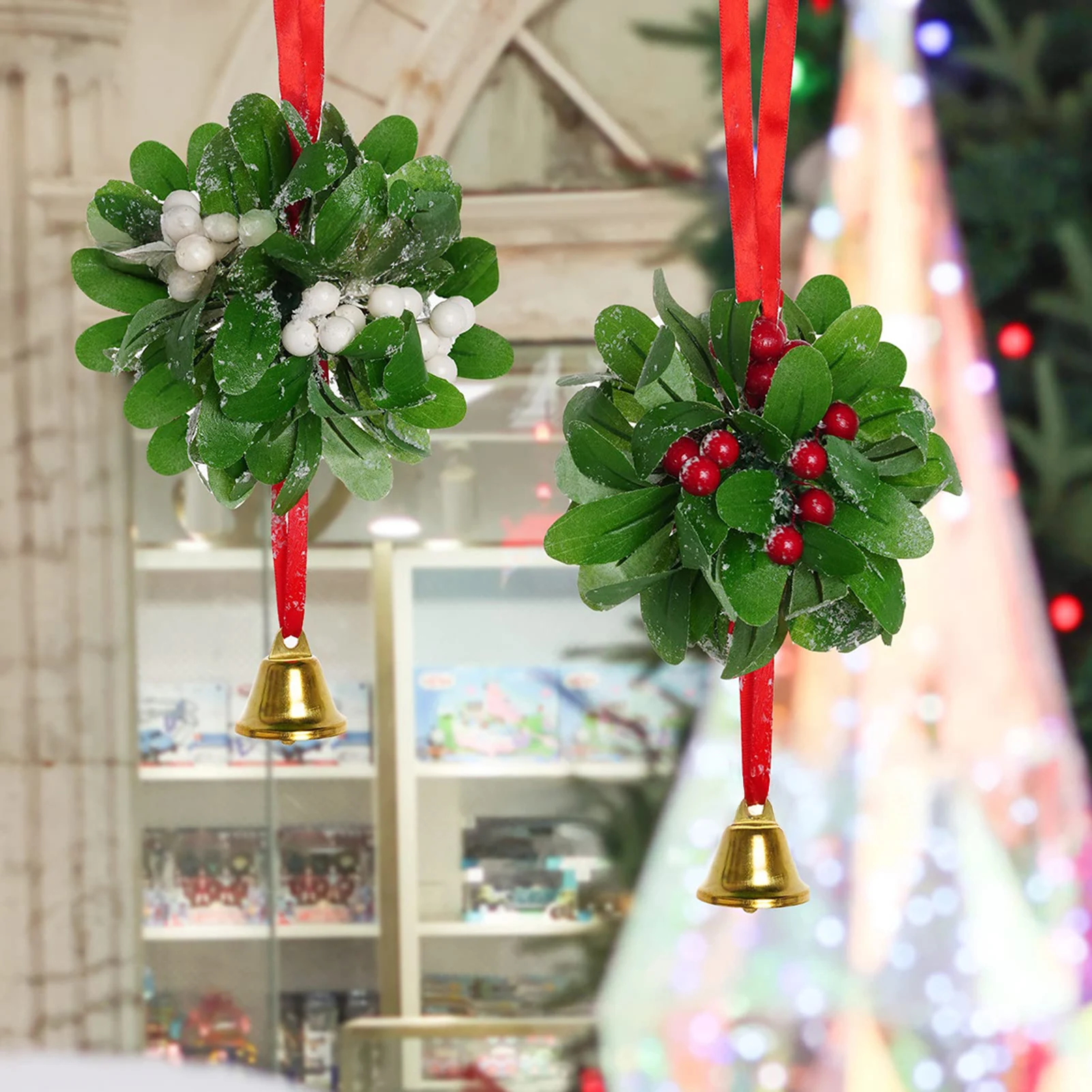 

Simulated Mistletoe Pendant With Bell Red White Artificial Realistic Plant Hanging For Tree Staircase Fireplace Party Decoration