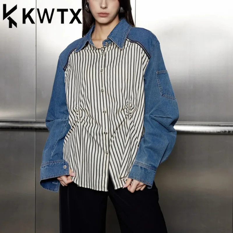 

KWTX Women’s Striped Blouse Color Block Zipper Trim Faux Two-Piece Luxury Elegant Spring Summer 2025 Fashion Tops