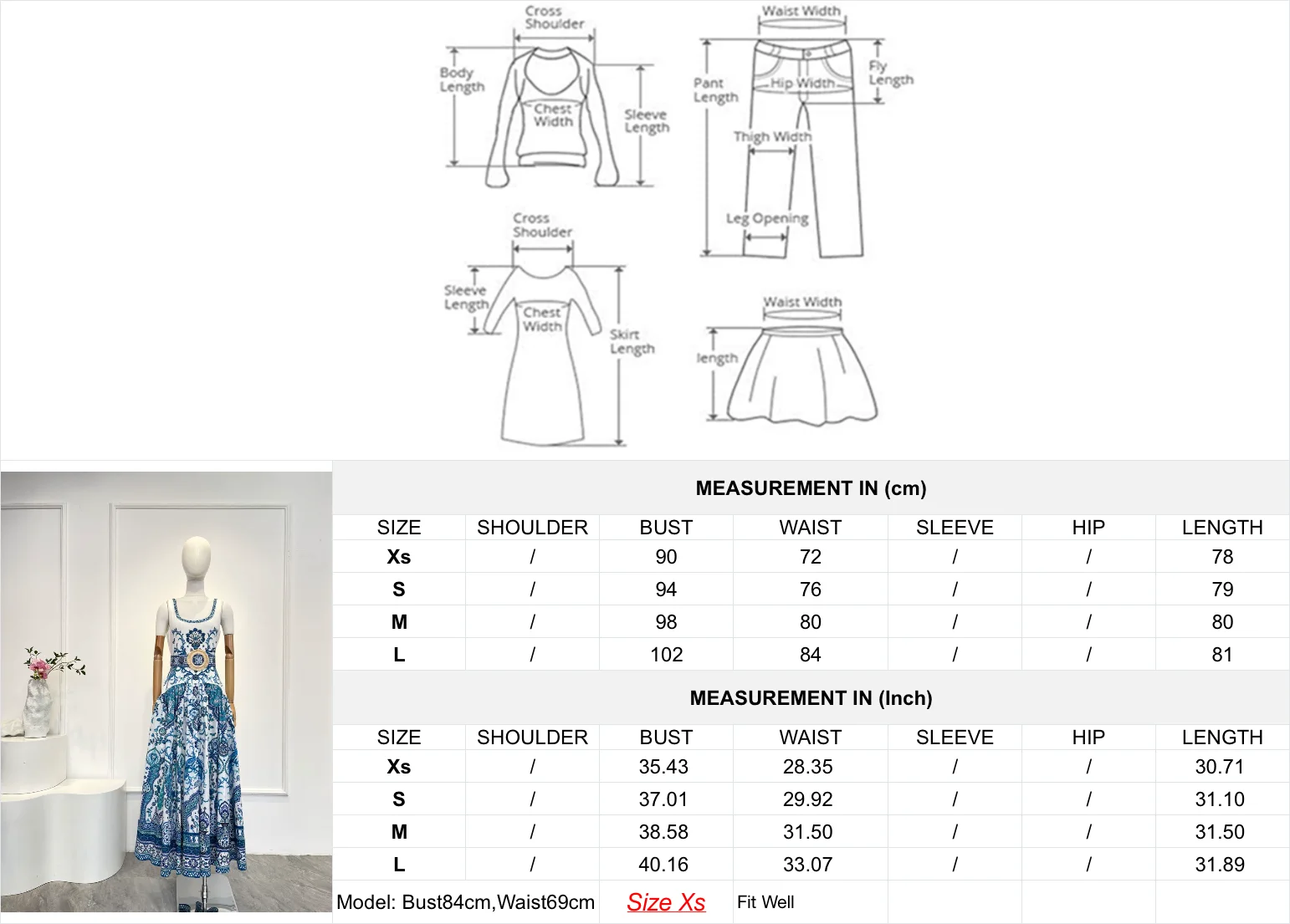فستان متوسط الطول بدون أكمام بطباعة بورسلين أزرق وأبيض