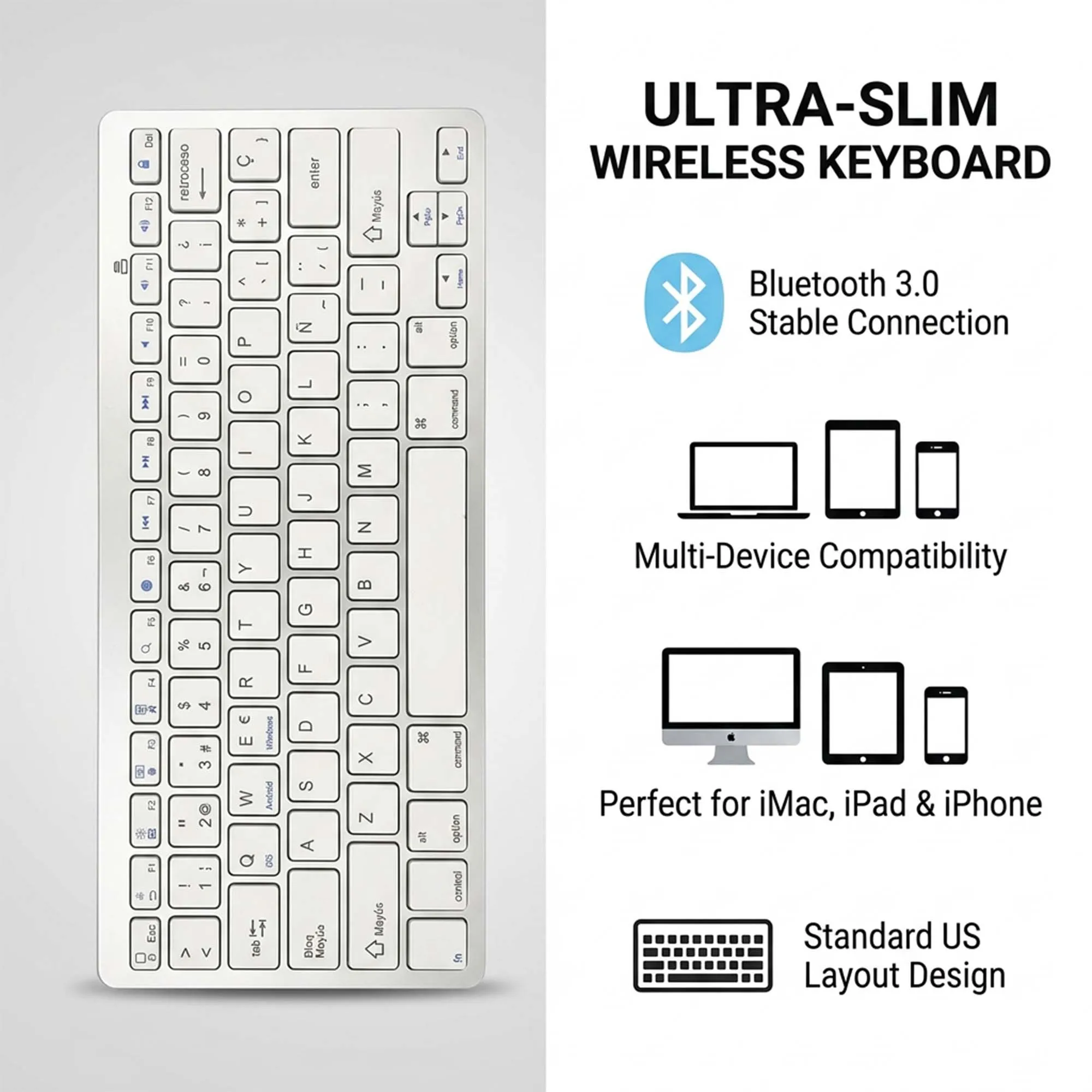 Spanish Language Ultra Thin Lightweight Low Noise Keyboards for iPad/iPhone/MacBook Air for Laptop/Computer/Surface