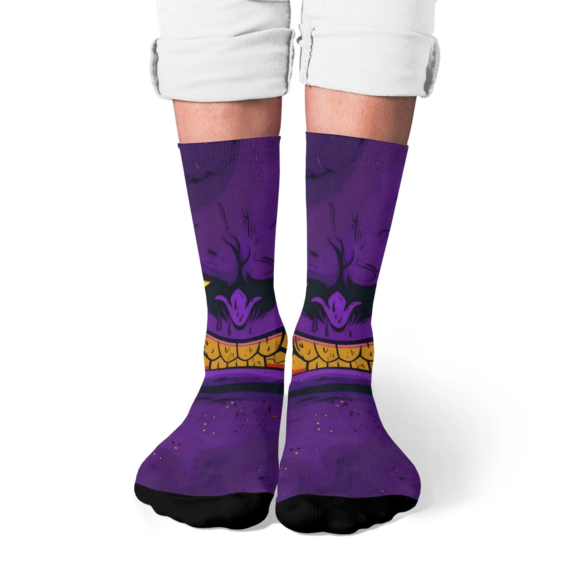Dark Purple Evil Face Eye Tooth Pattern Print Crew Socks,Cool Graphic Design Novelty Funny Street - Style Sport Soft Socks