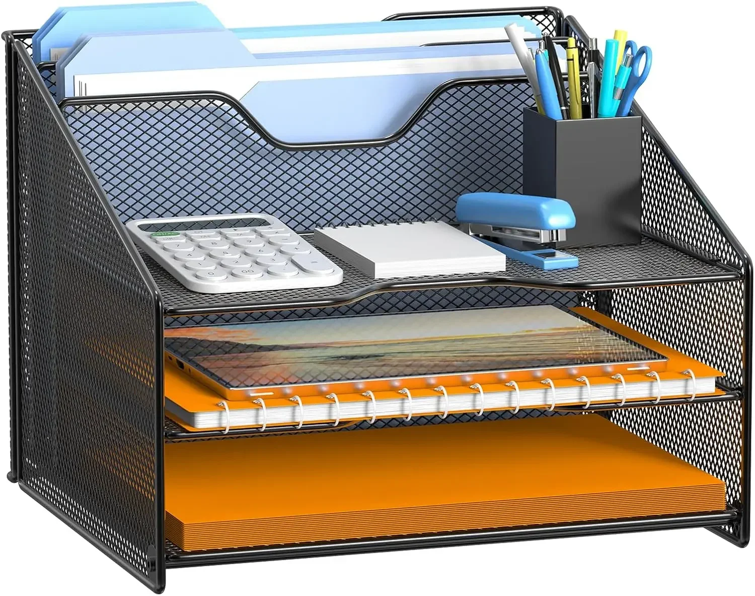 

Mesh Folder Organizer with 3 Paper Trays and 2 Vertical Upright Sections for Office Supplies, Desk Accessories and Workspaces
