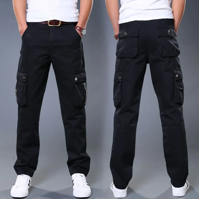 กางเกงคาร์โก้ผู้ชายคุณภาพสูง หลายกระเป๋า สีพื้น สำหรับทำงาน ลำลอง กิจกรรมกลางแจ้ง สีเขียว ทรงเข้ารูป ไซส์ใหญ่ 40