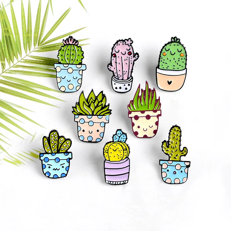 Cute Cactus Enamel Brooch Potted Green Plant Cartoon Apple Crazy Plant Water Saving Metal Badge Jewelry Accessories Lapel pins