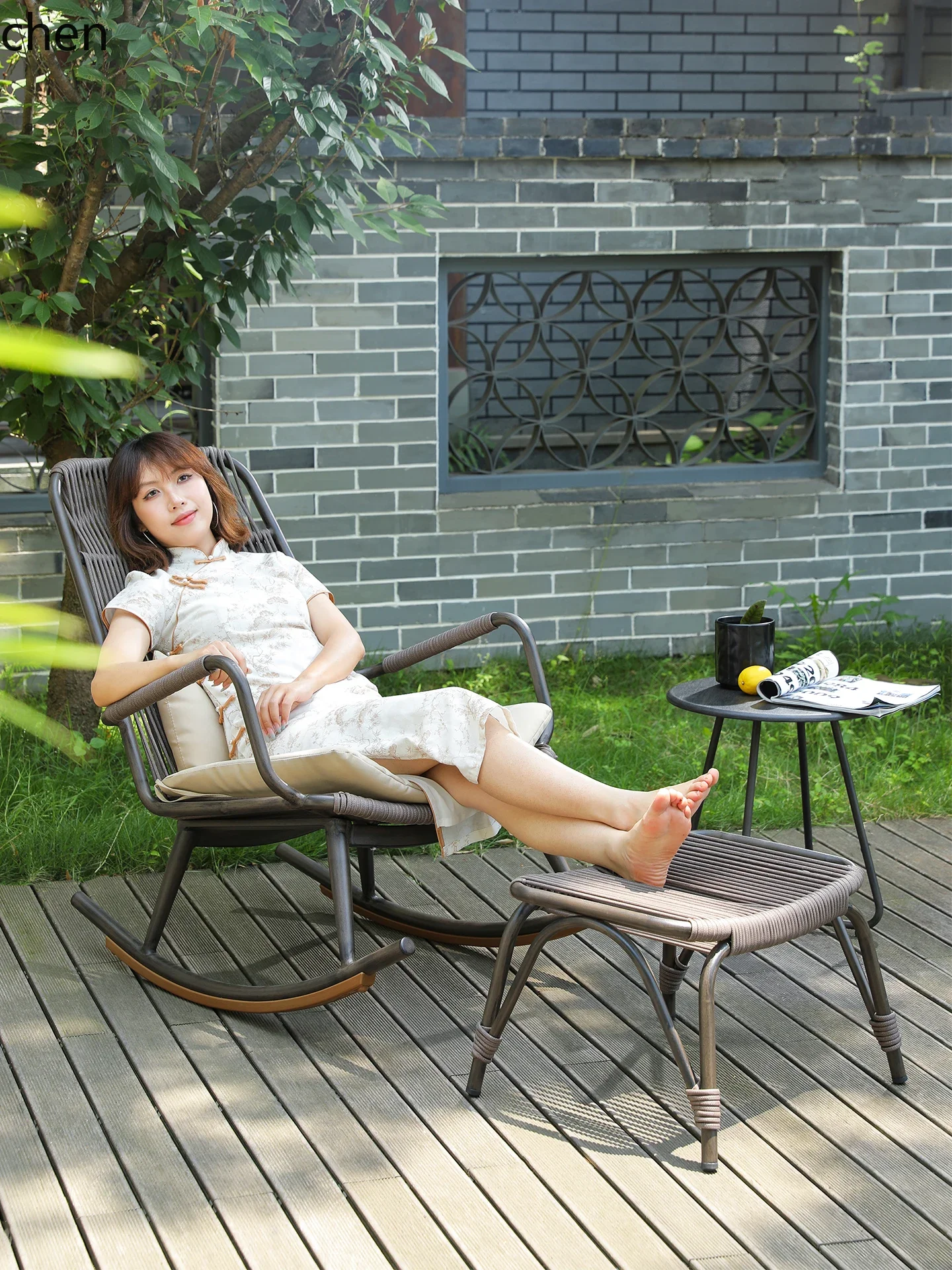 YFY  Lazy Leisure Outdoor Rattan Chair Adult Recliner Balcony Garden Patio Rocking Chair