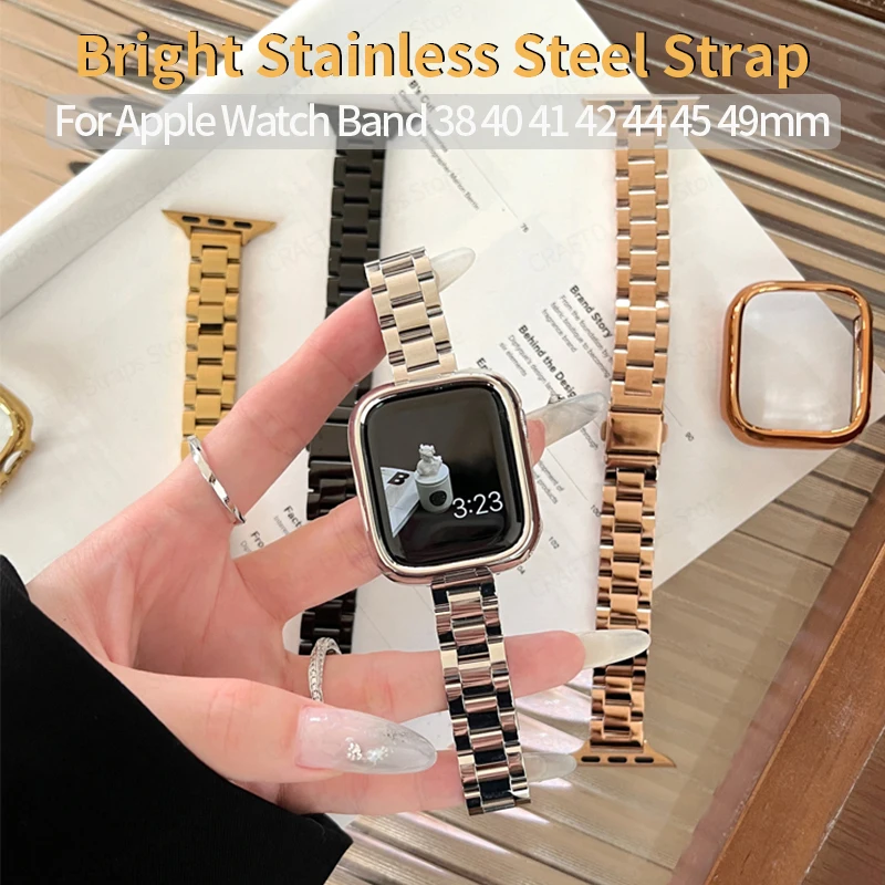 

Bright Stainless Steel Metal Strap for Apple Watch 44mm Band 40mm 45mm 42 41 49 Women Bracelet for IWatch 9 8 7 SE 6 5 with Case