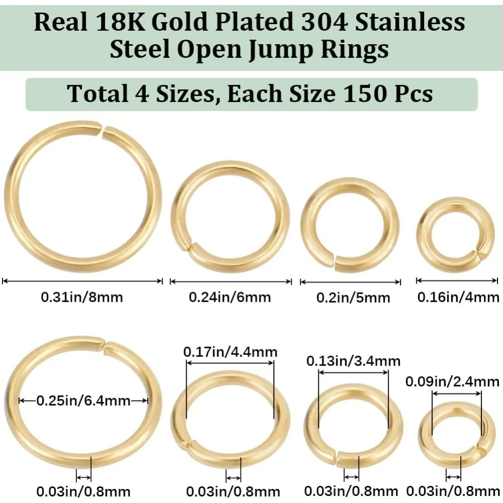 1 Box 600Pcs 4/5/6/8mm Open Jump Rings 18K Gold Plated Stainless Steel Single Loop Jump Ring Round Connector Rings for Bracelet