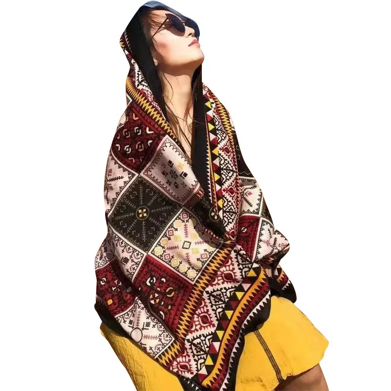 Women Boho Ethnic Geometric Print Large Scarf 100 Polyester Twill Sun Protection Shawl Travel Photo Outerwear Seaside Beach Wrap