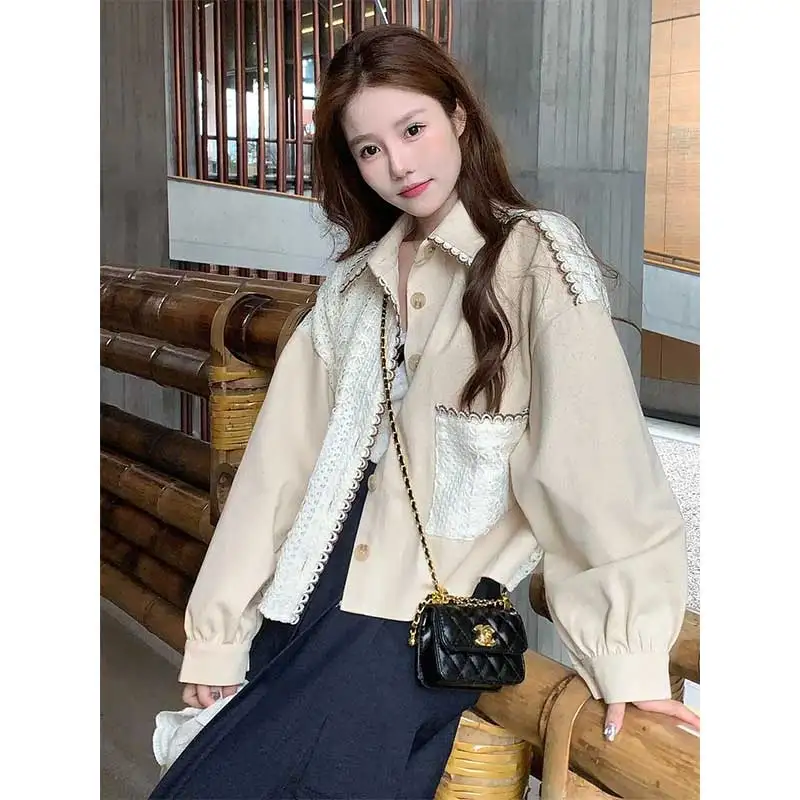 

Women Clothing Autumn Fashion Simplicity Trend Lace Patchwork Solid Color Female All-match Fashionable Long Sleeve Button Cardig