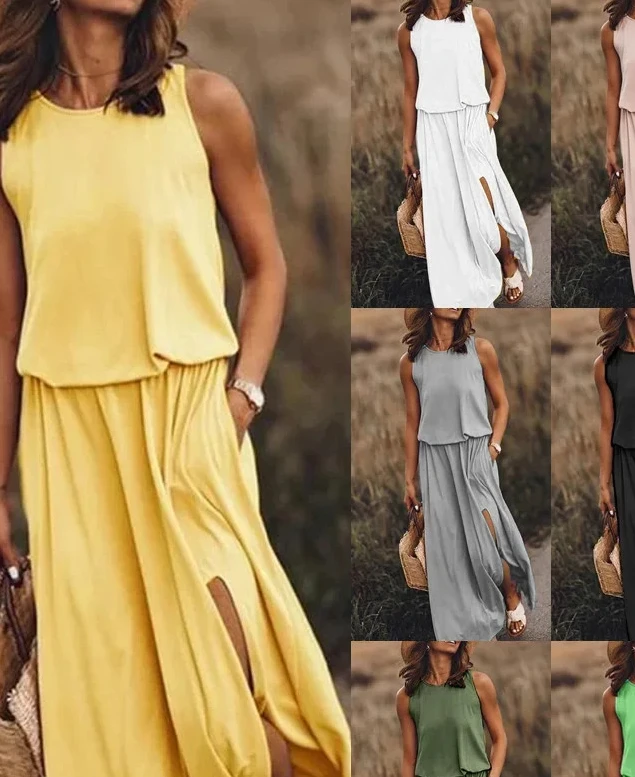 Dames Lente Zomer Effen Kleur Mouwloos O-hals Schede Casual Mode Volants Rand Comfortabele Normale Standaard Fit Jurk