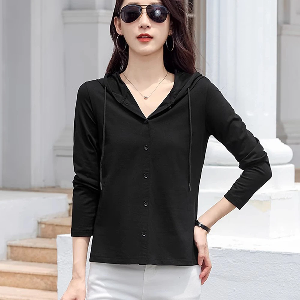 Cotton hooded T-shirt for women long sleeved loose casual top with cap spring and autumn thin design can be worn as a base coat