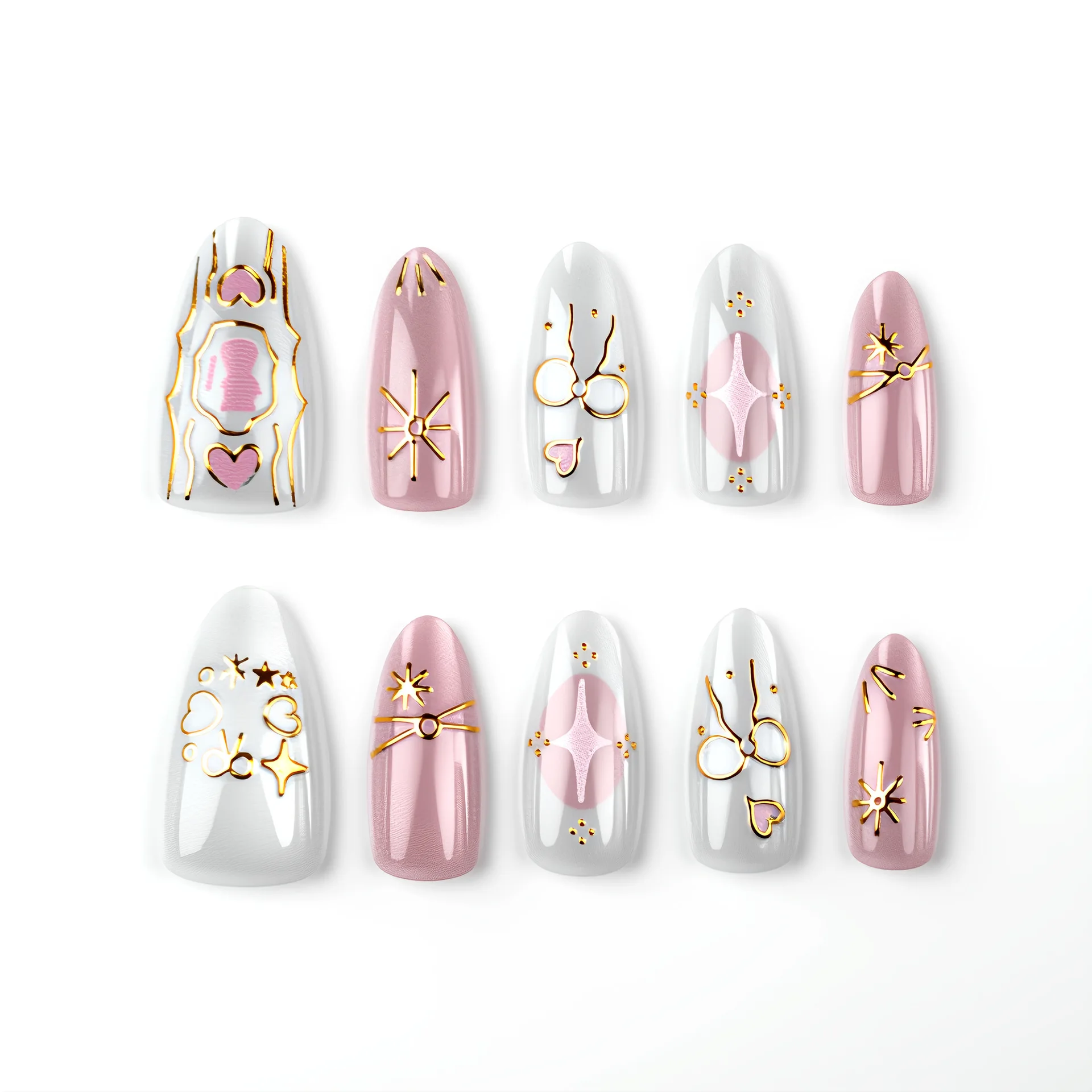 30Pcs Almond Press On Nails Beautiful Cat Eye Effect Hand Heart Bow Metal Line Decor Skin Brightening Reusable False Nail Tips