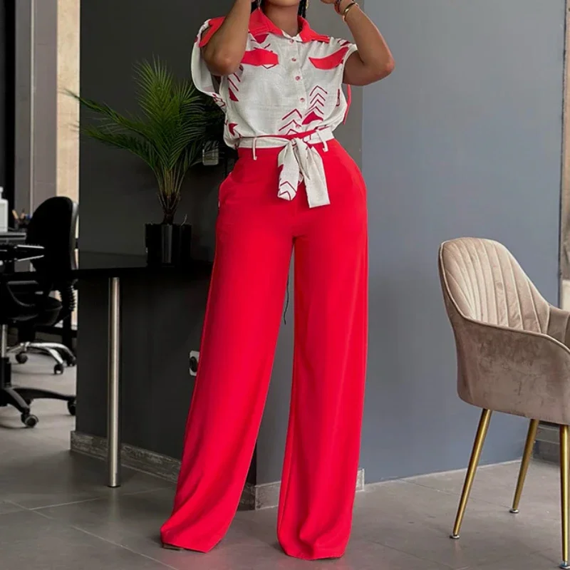 

Women Summer Wide Leg Pant Sets Pants Set Shirt Crop Top & Cuffed Two Piece Suit Spring Loose High Waist Elegant Trousers Suits