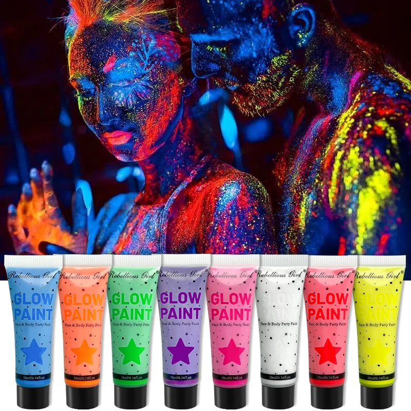 8pcs 10ml UV Glow Face & Body Paint - Fluorescent Party Makeup for Carnival, Clubbing, EDM - Quick Dry & Long Lasting