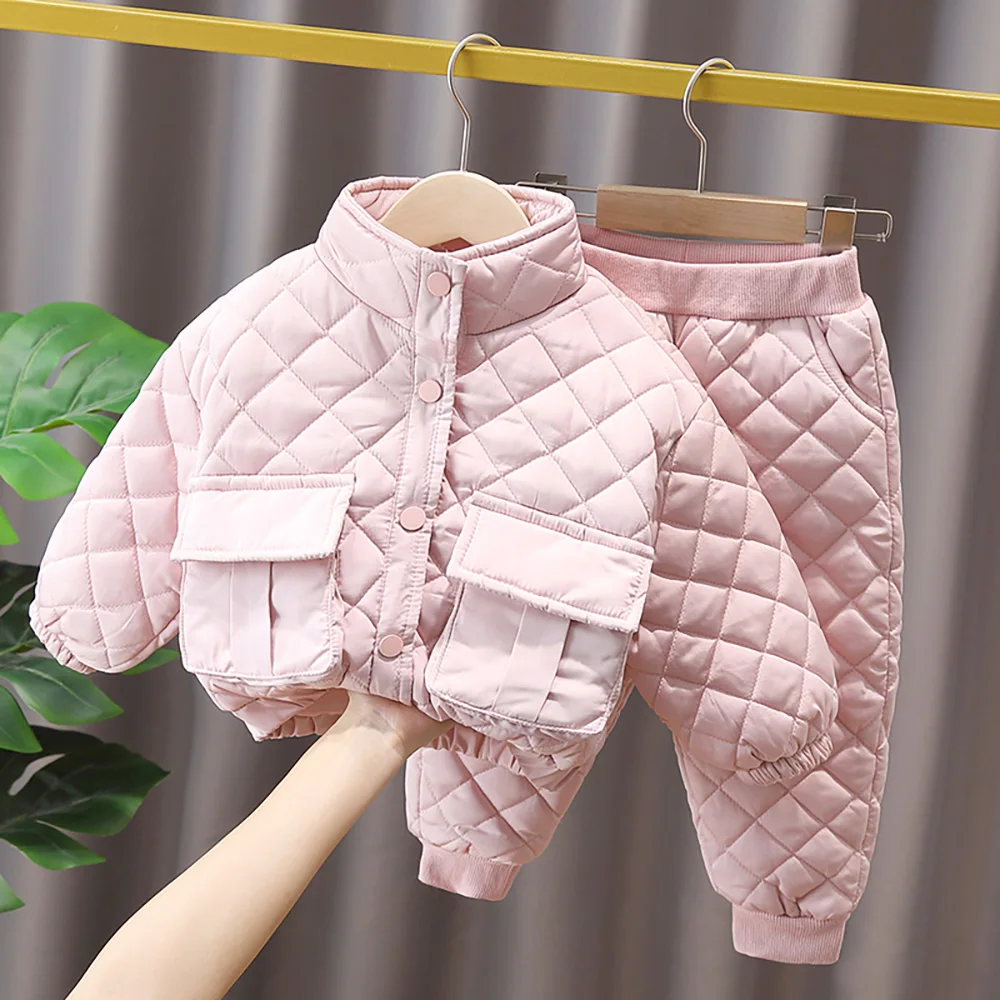 

2-6Y Cute Girls Cotton Padded Clothes Sets Winter Solid Plaid Single-Breasted Coats+Pants 2Pcs Thick Warm Kids Outerwear Suits