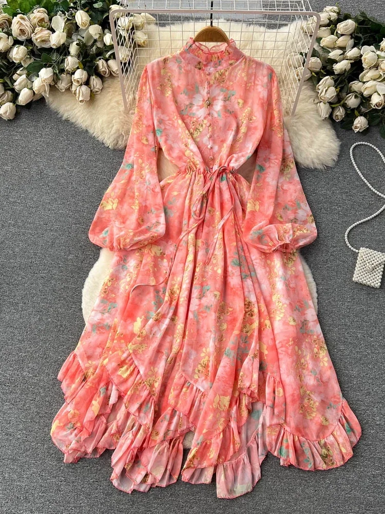 New Women's European Vintage Lantern Sleeve Fragmented Flower Spring Drawstring Waist Design Long Sleeve Ruffled Dress D4118