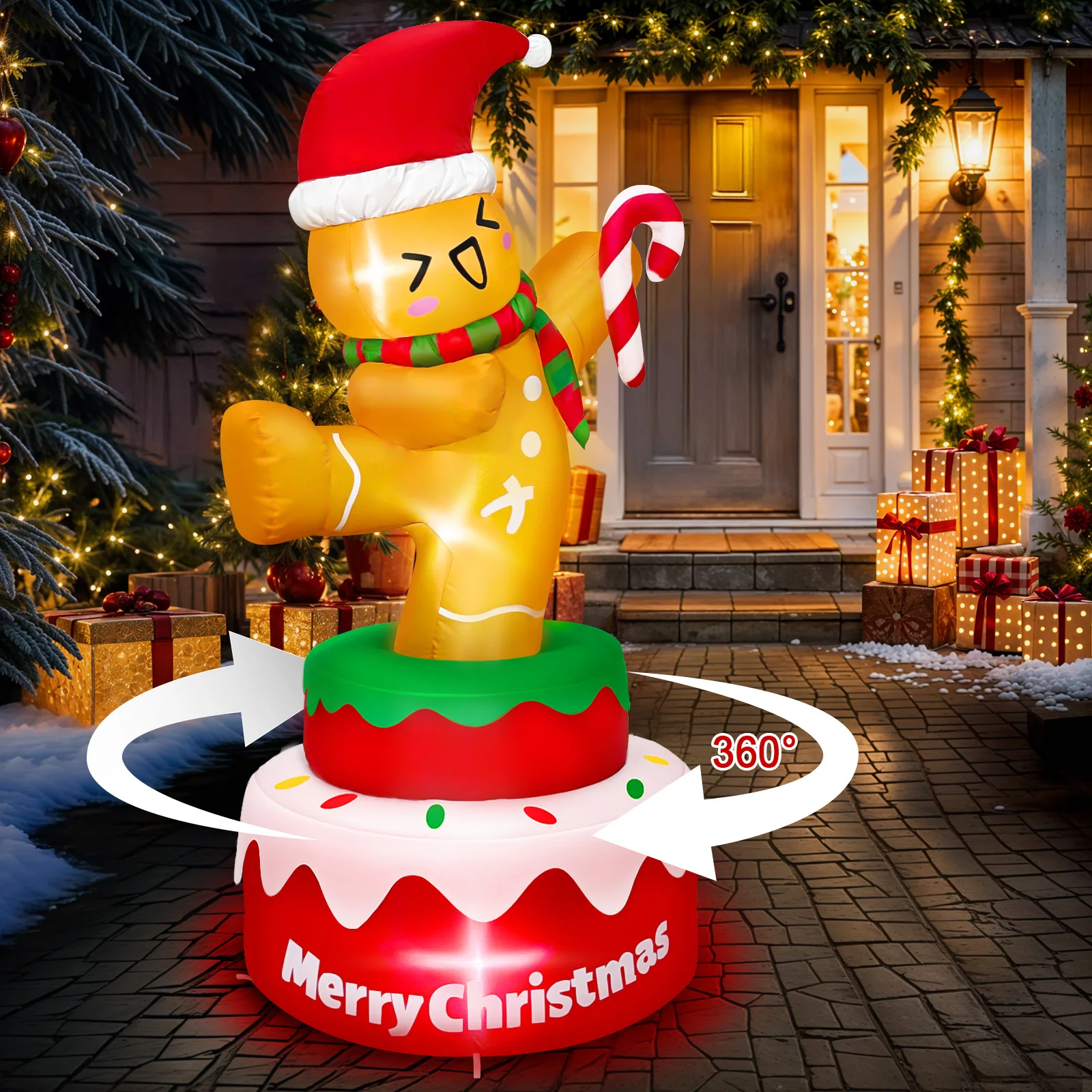 5FT Rotating Christmas Inflatables Outdoor Decorations, Gingerbread Inflatable with Candy Cane & Xmas Hat, for Garden Lawn Party