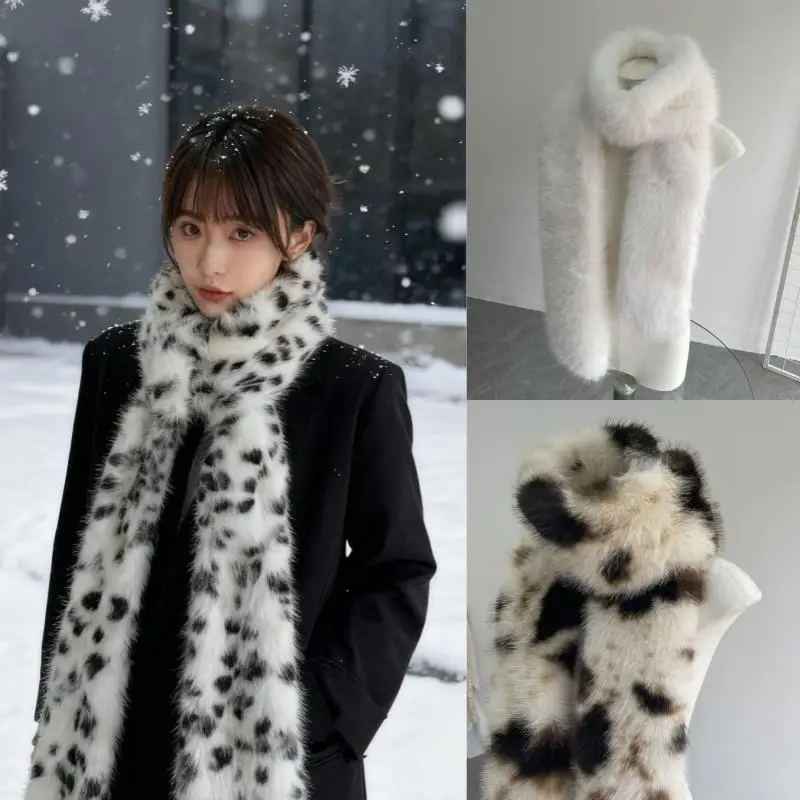

Леопардовый шарф, толстый бархат, имитация кроличьего меха, плюшевый утеплитель для шеи, удлиненная шаль из искусственного меха Y2K, женский зимний шарф