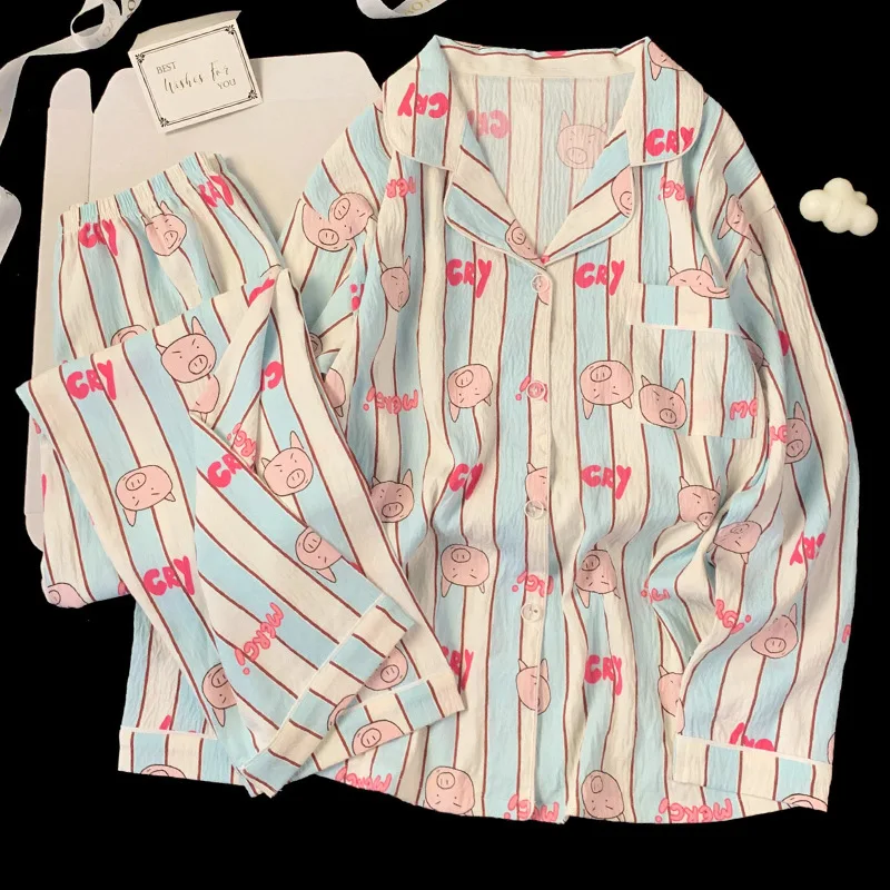 Spring and Autumn Women\'s Cloud Cotton Pajamas Homewear Set Striped Long Sleeve Piglet Printed Pajamas Sweet Girls Homewear