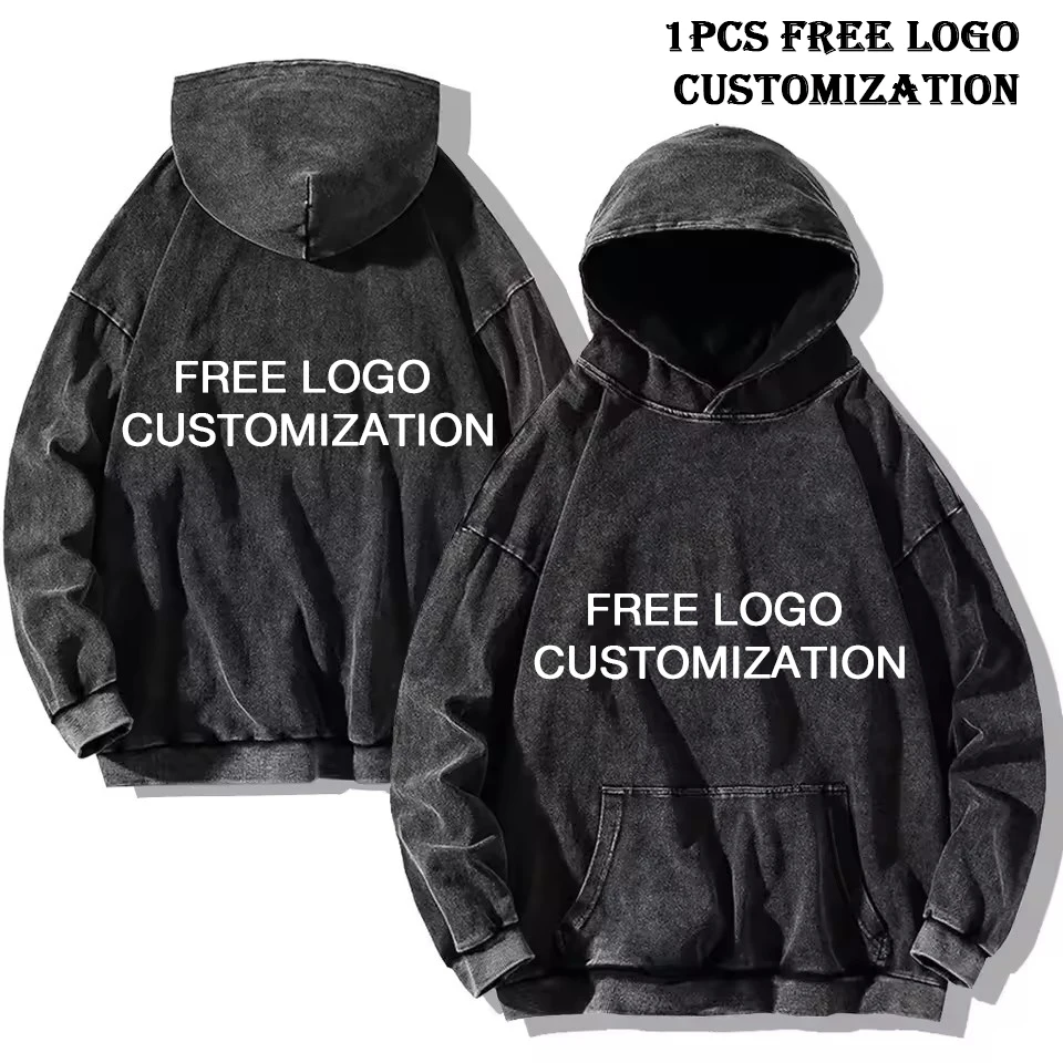 Free logo custom Wash Hoodies Men Women Vintage Black 100% Cotton Gothic Sweatshirts Casual Pullover Hip Hop Y2K Sportswear