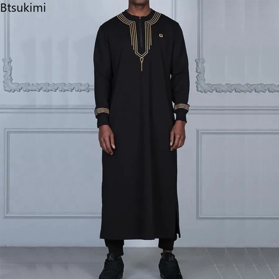 2024 Nowa arabska szata Męska moda muzułmańska Abaya Dubaj Turcja Długi rękaw O-neck Haftowany Kaftan Mężczyźni Casual Party Jubba Thobe