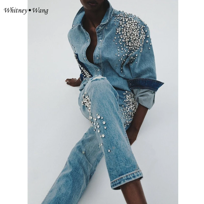 WHITNEY WANG Designer Style 2023 Spring Fashion Streetwear Handmade Diamonds Beading Denim Shirt Women Jean Blouse