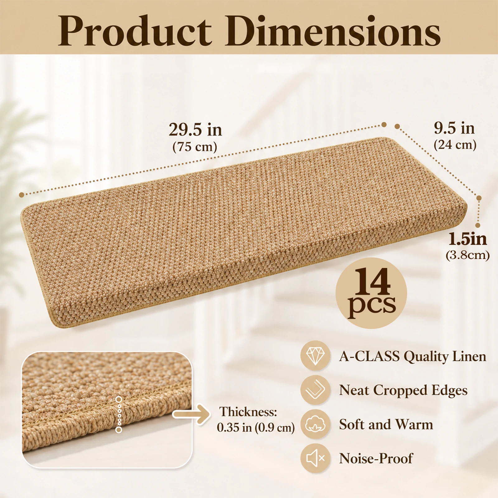 Stair Treads for Wooden Steps | 14 Pieces Peel and Stick | Washable Edging Stair Rugs Non-Slip Indoor Step Covers | for Kids Elders Pets Dogs Indoor Home Safe