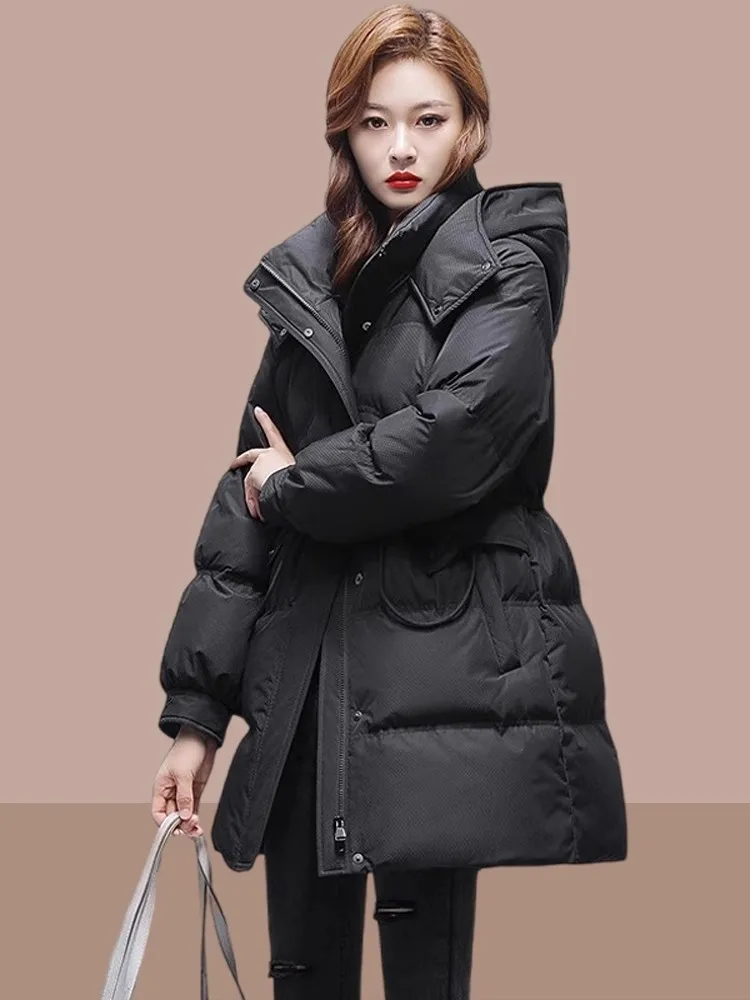 

Женская утепленная хлопковая стеганая куртка средней длины с капюшоном, повседневная верхняя одежда для города, с высоким воротником, на молнии