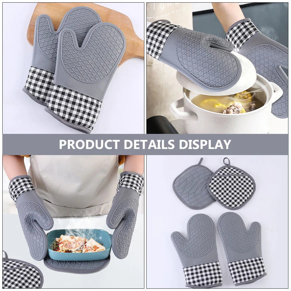 

1 set Thickened Insulated Oven Mitts Pot Holder Grey Kitchen Gloves Heat Resistant Non Slip Safe Storage Hanging Loop