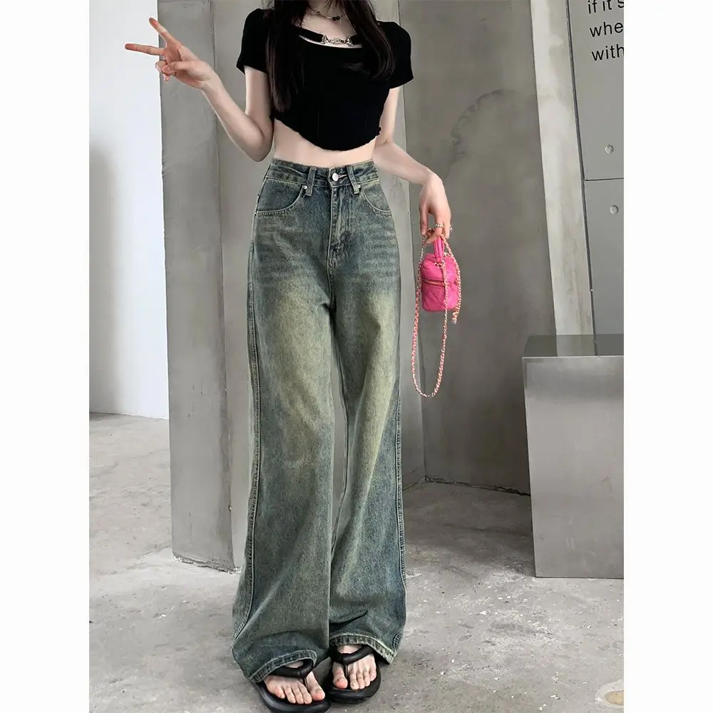 WTEMPO Thickened Retro Wide-legged Sherpa Lined Jeans Female Autumn Winter High Waist Straight Loose Fleece Lined Long Trousers