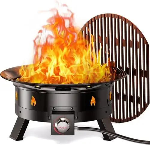 Large Propane Fire Pit 19 Inch, Gas Fire Pit with Grill Grate, Folding Legs, Hose Hooks, Propane Tank Holder, Cover &