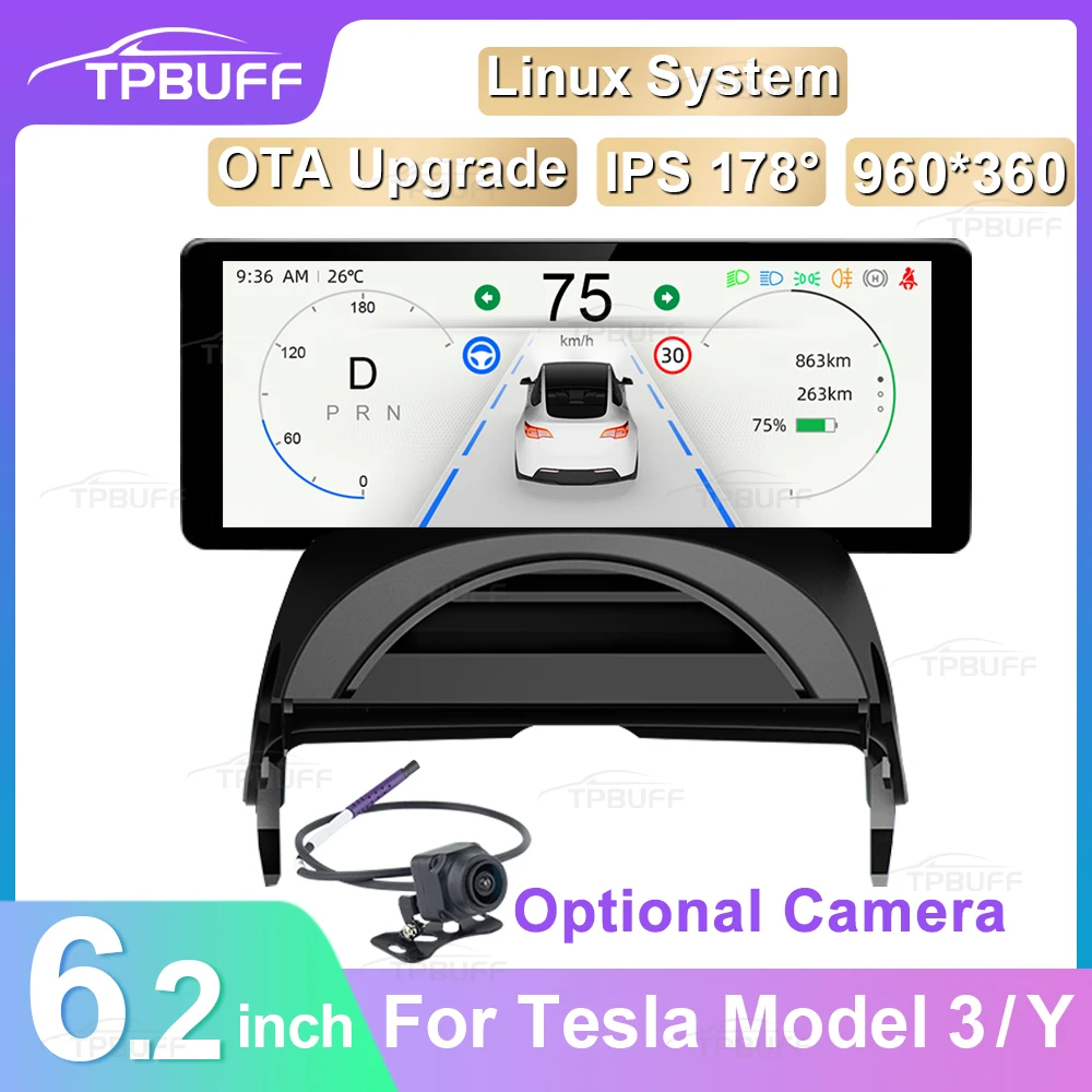 

TPBUFF 6.2inch Head Up Display for Tesla Model 3 Y Front Dashboard HUD Upgrade CarPlay With Camera Digital Screen Touch