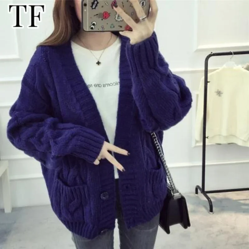 

Fashion Autumn Winter Purple Sweater Cardigan Warm Y2k American Vintage Sweaters Loose V-neck Knitted Overcoat Weave Cardigans