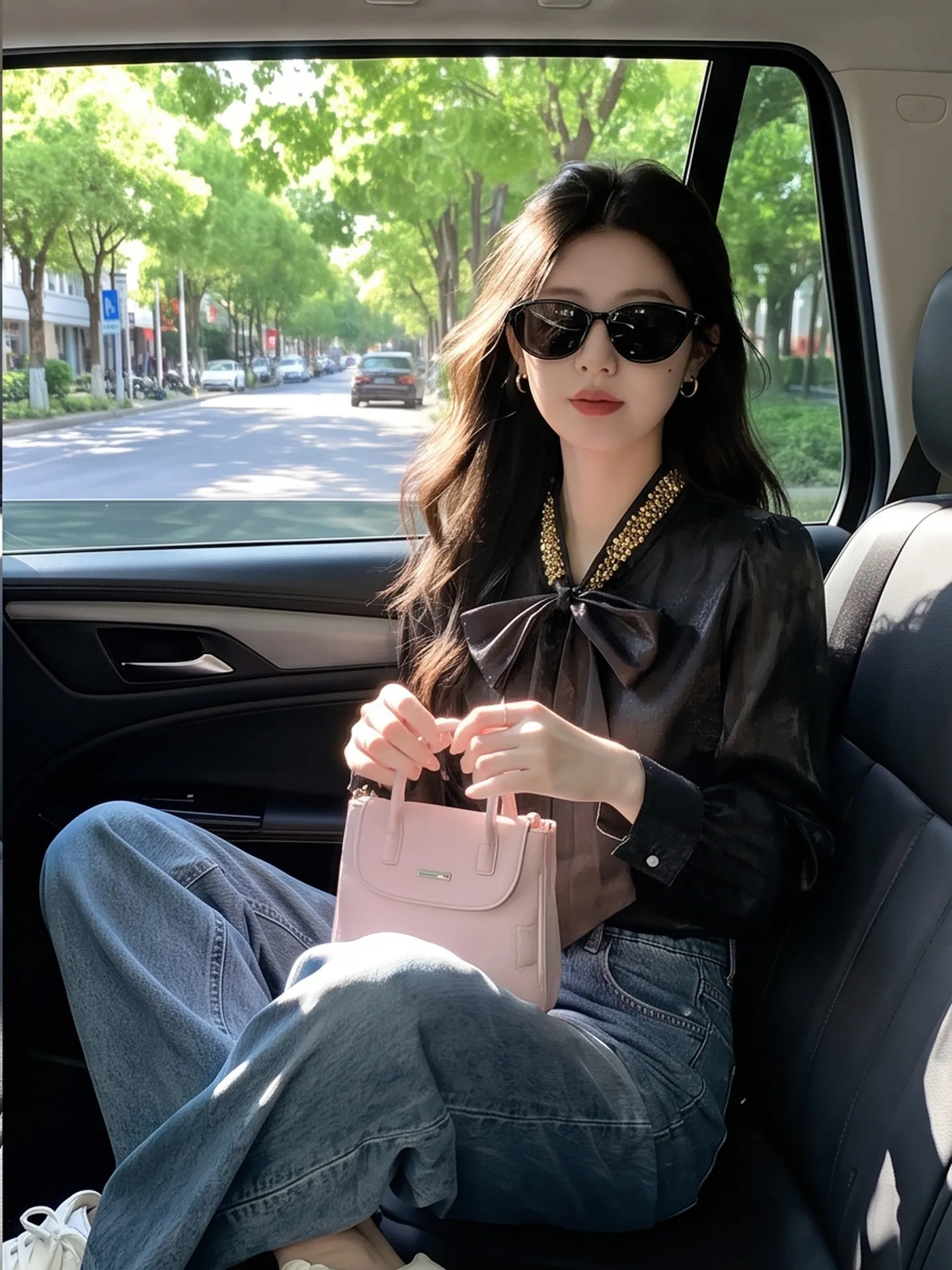 Elegant Beaded Collar  Knot Long Sleeve Satin Women's Shirt Autumn Design Sense Glossy Chiffon Top Korean Style Loos...