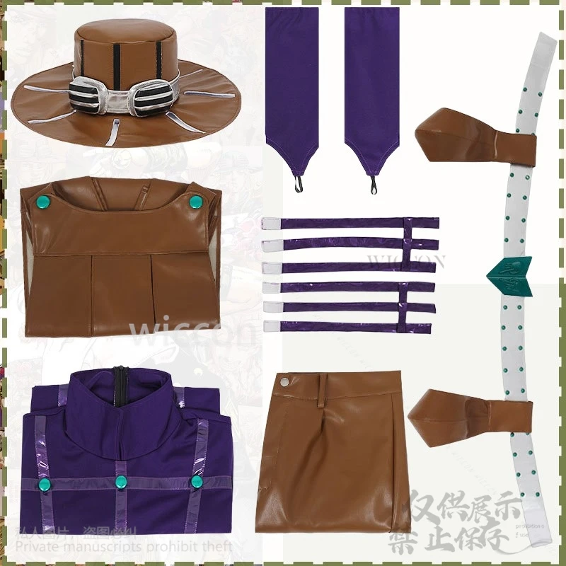 Sbr Anime Jo Cosplay NUOVO Bizzarro Costume Gyro Zeppli Pantaloni Pu Sexy Collant Viola Abiti da gara Mantello Cappello Parrucche Puntelli Personalizzati