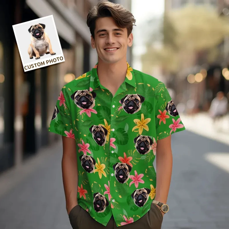 

Personalized Dog Face Print Aloha Shirt Custom Photo Tropical Flower Pattern Short Sleeve Hawaiian Shirts For Summer Beach Party
