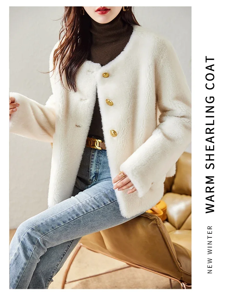 Nuovo cappotto di pelliccia di lana granulare girocollo alla moda