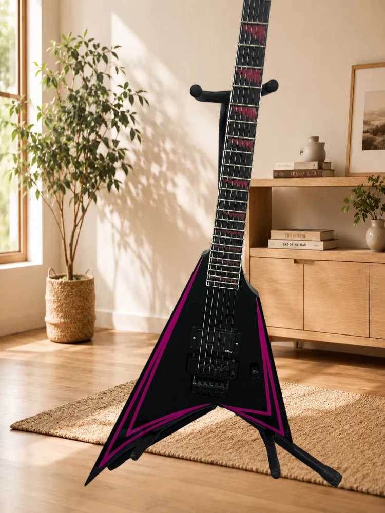 Black Pink Lines V-shaped Double Rocking Maple Neck Electric Guitar 22 Grade Niche Dark Collection Scarce Item Free Delivery
