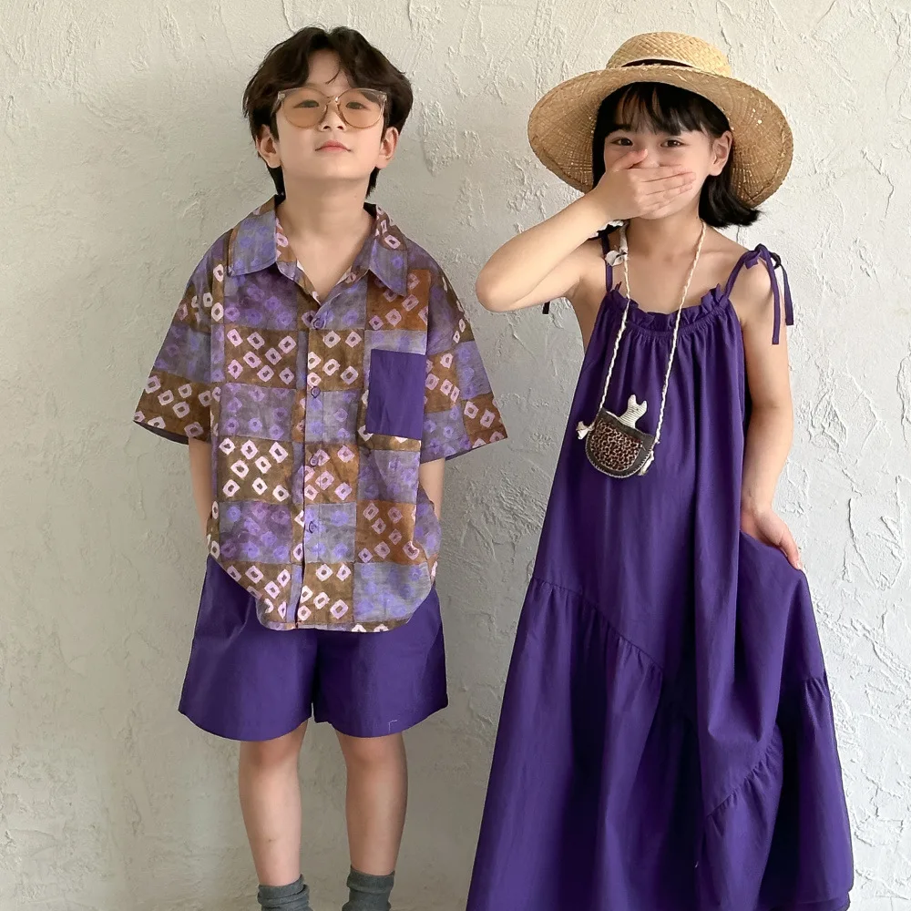 

Children's summer boys girls Korean version solid color halter dress children short sleeve shorts plaid shirt brother and sister